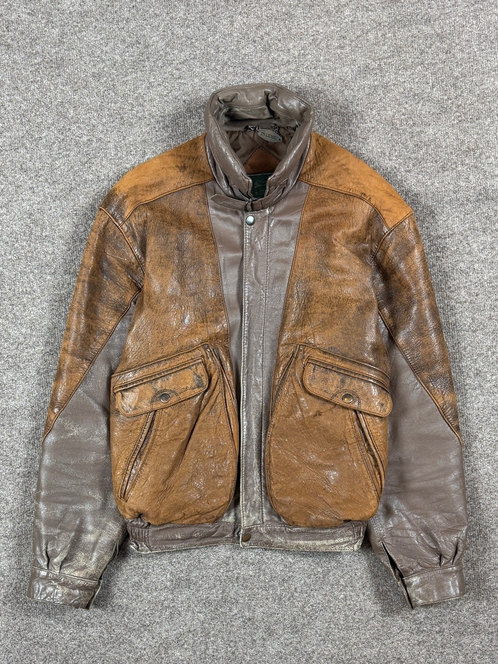Vintage Brown Leather Distressed Patina Flight Bomber Jacket Mens 42 Funnel Neck - Picture 3 of 15